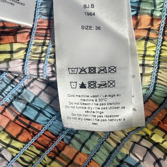 Ganni Windowpane Gingham Multi Striped Smocked Top Puff Sleeves Sz 36/US… - Picture 6 of 11